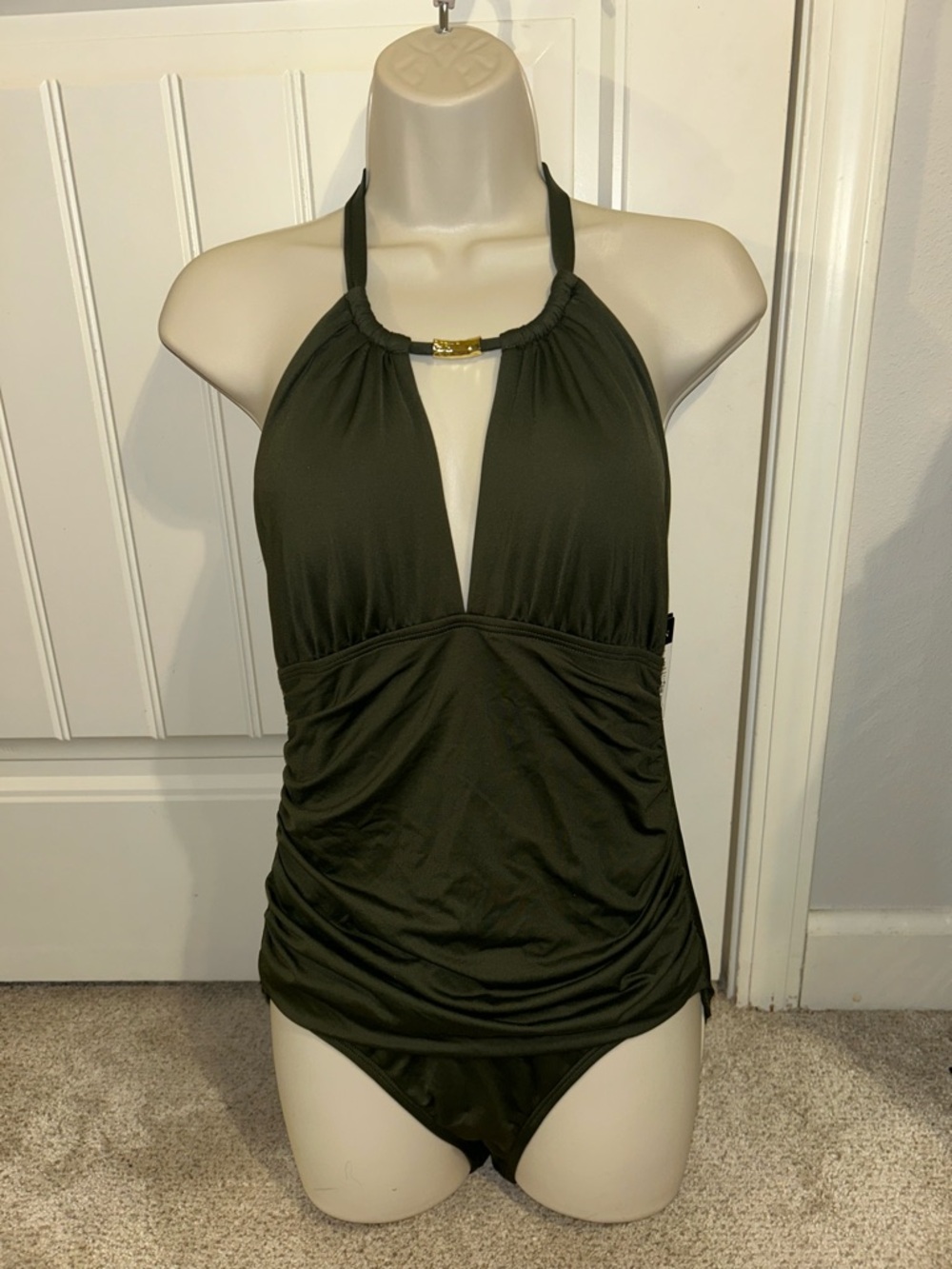 NWT Ralph Lauren Women’s Olive Halter Ruched Gold Trim Swimsuit Sz 8